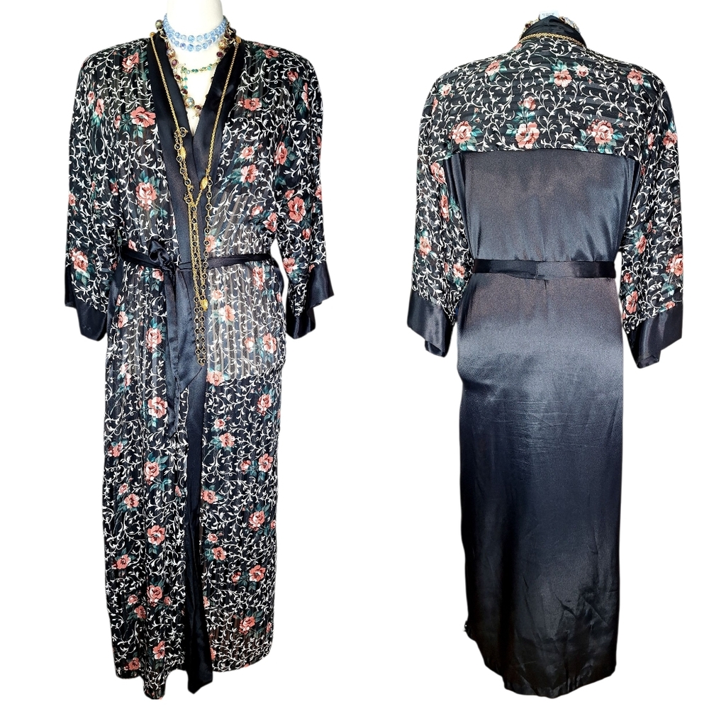 Vintage 80s 90s Floral Maxi Length Robe Womens Medium Stripes Sheer Metallic
